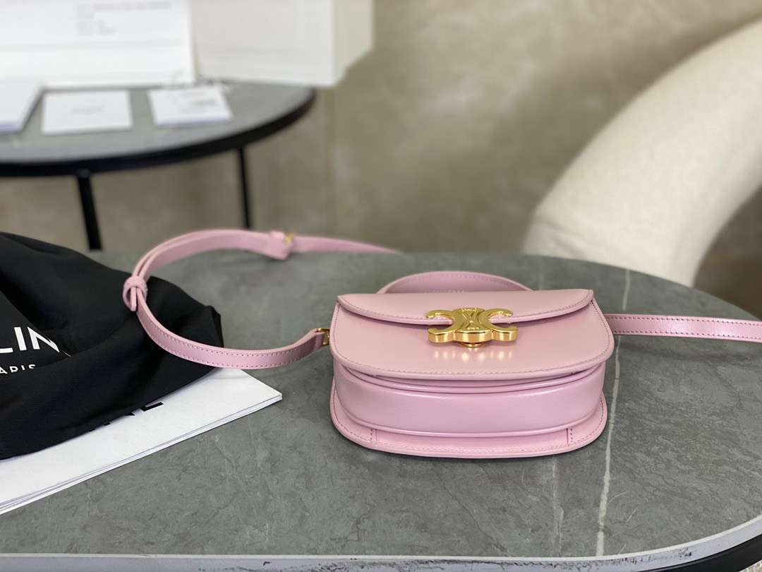 Celine Handle Shiny Wrinkled Leather Pink 15.5×11.5x5cm