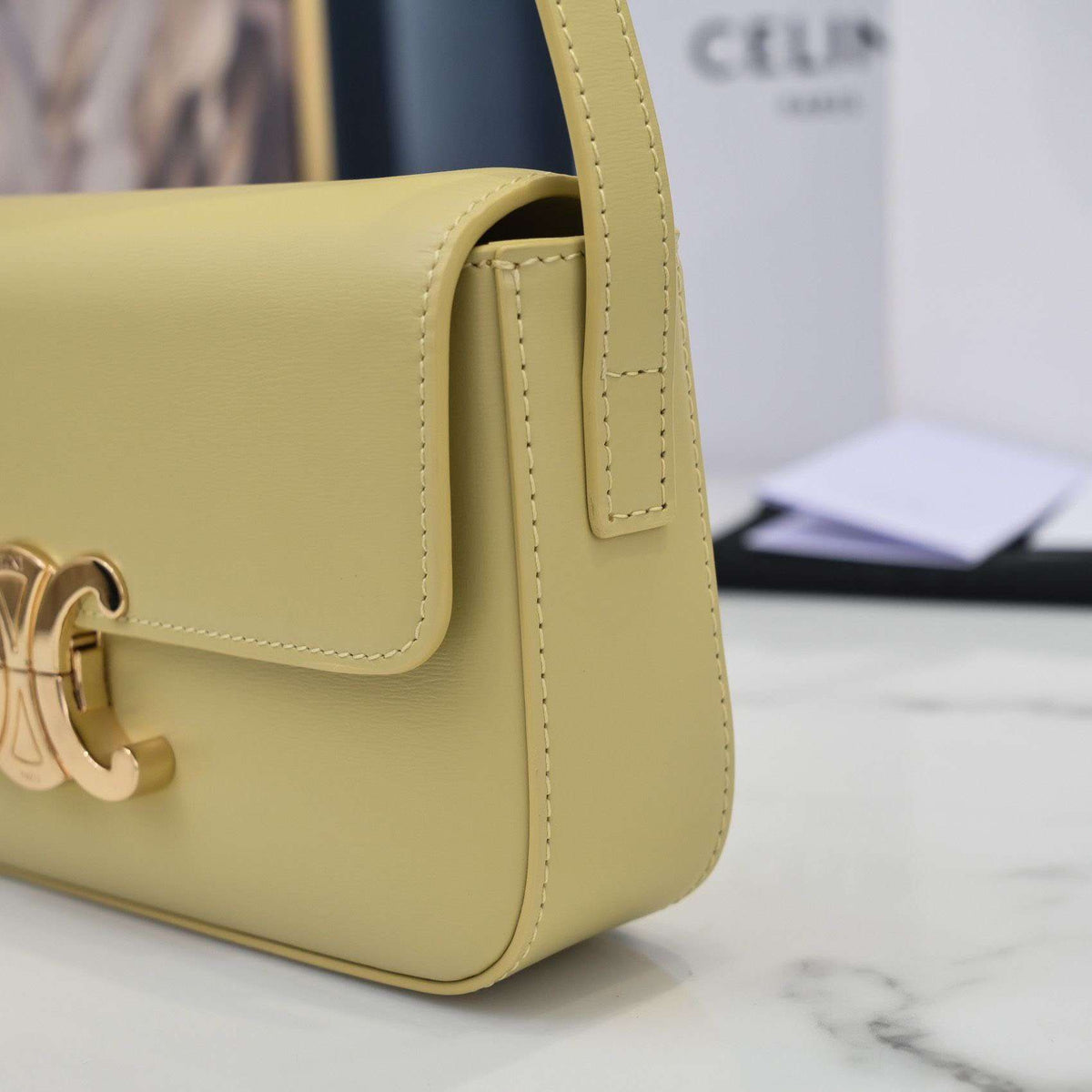 Celine Triomphe Handbag Bright Yellow Super Smooth Leather 20x12cm
