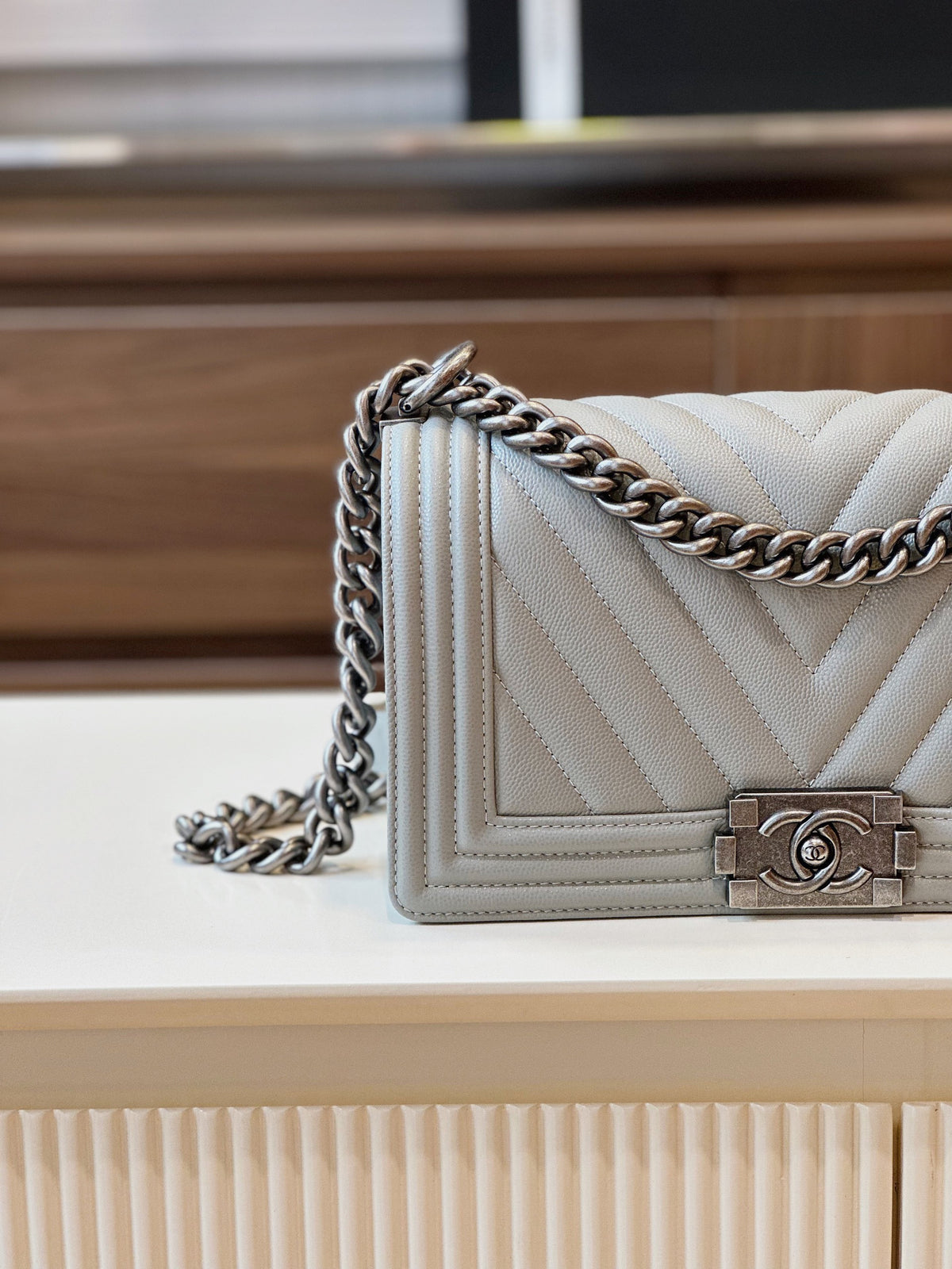Chanel Boy Medium Handbags Grey Leather With Silver Lock 25cm