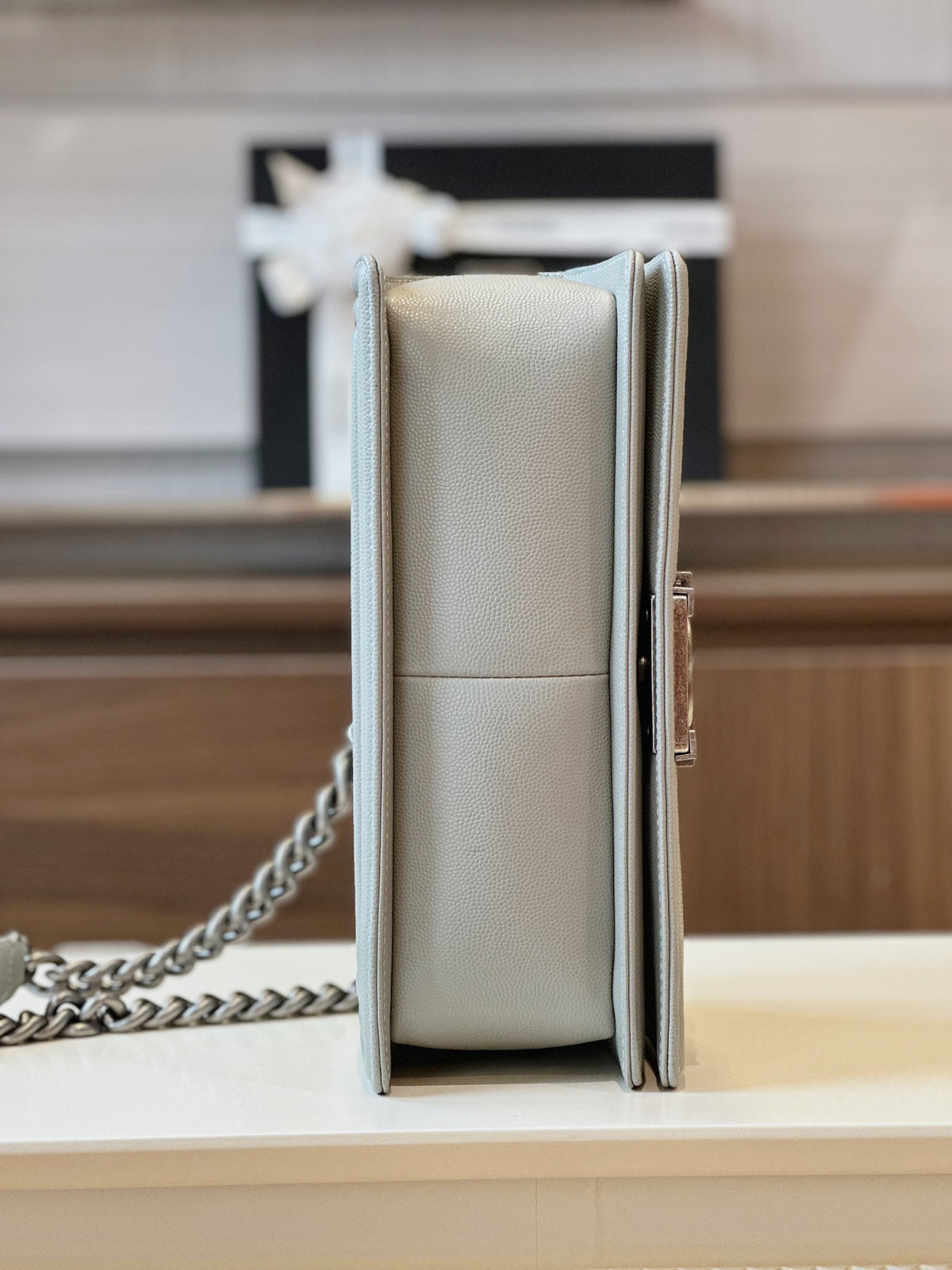 Chanel Boy Medium Handbags Grey Leather With Silver Lock 25cm
