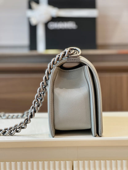 Chanel Boy Medium Handbags Grey Leather With Silver Lock 25cm