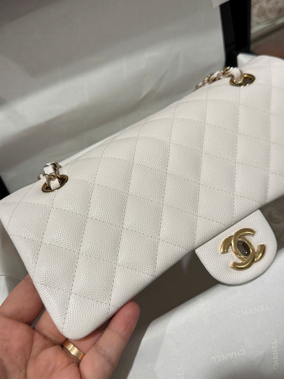 Chanel Classic Woman’s White Like Auth Handbags Lock Gold 25cm