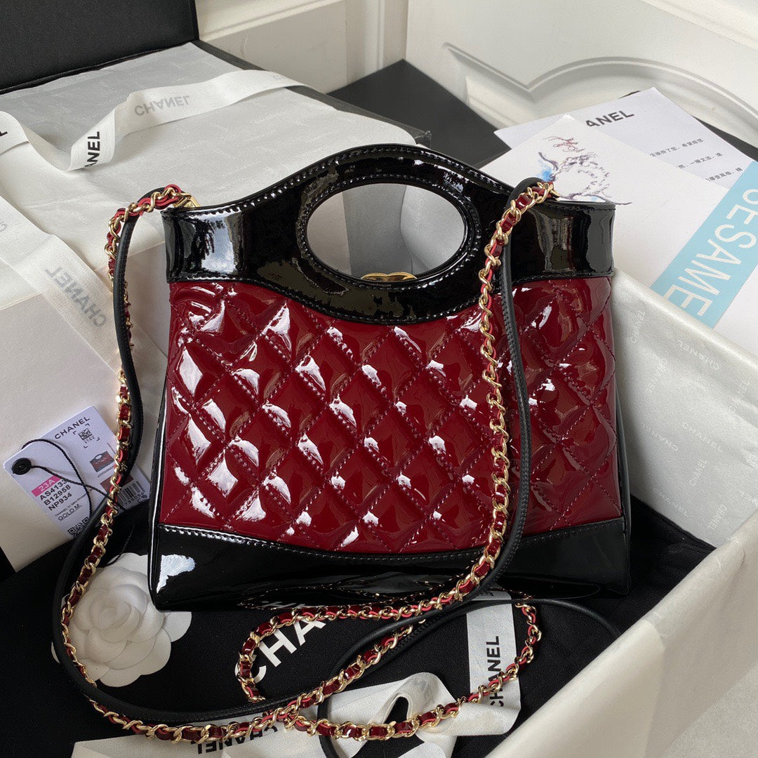 Chanel Mini Shopping Bag Handbags Red Shiny Leather 31cm