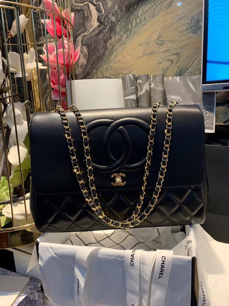 Chanel Shopping Handbags Woman’s Black Leather 33x23x11cm