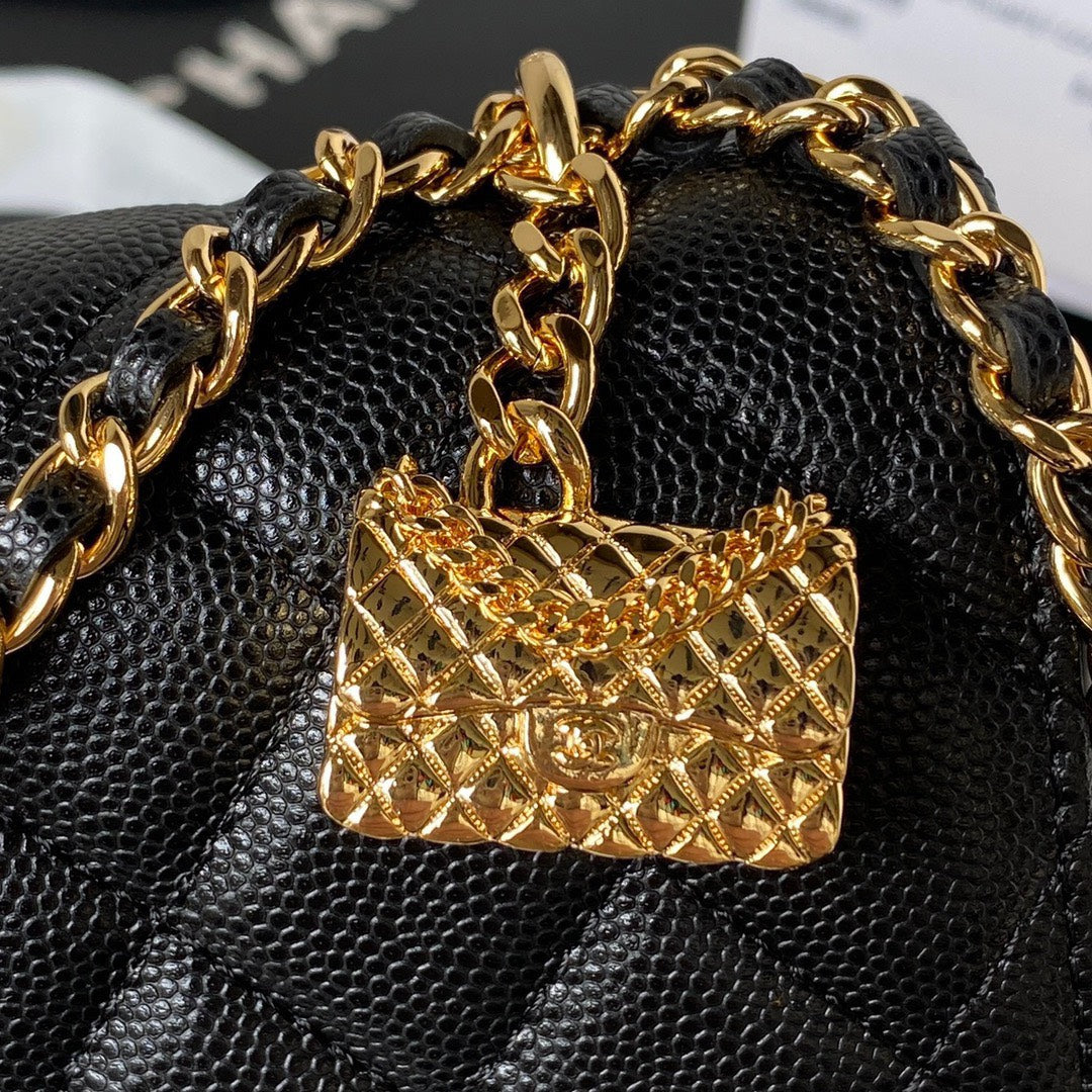 Chanel Handle Bag Lumpy Skin Handbags Black With Lock Gold 19cm