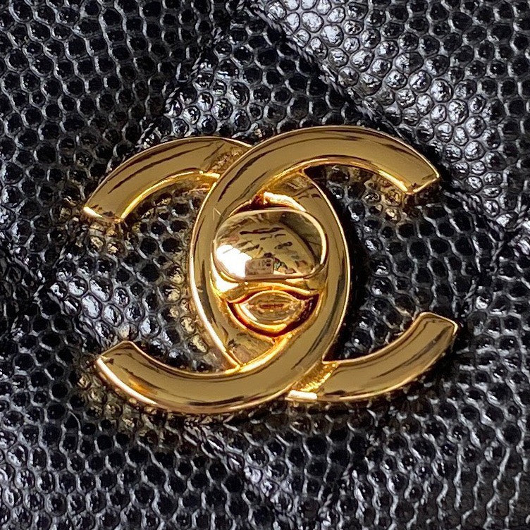 Chanel Woc Charm Replica 11 Handbag Lizard Skin Black With Gold Lock 20cm