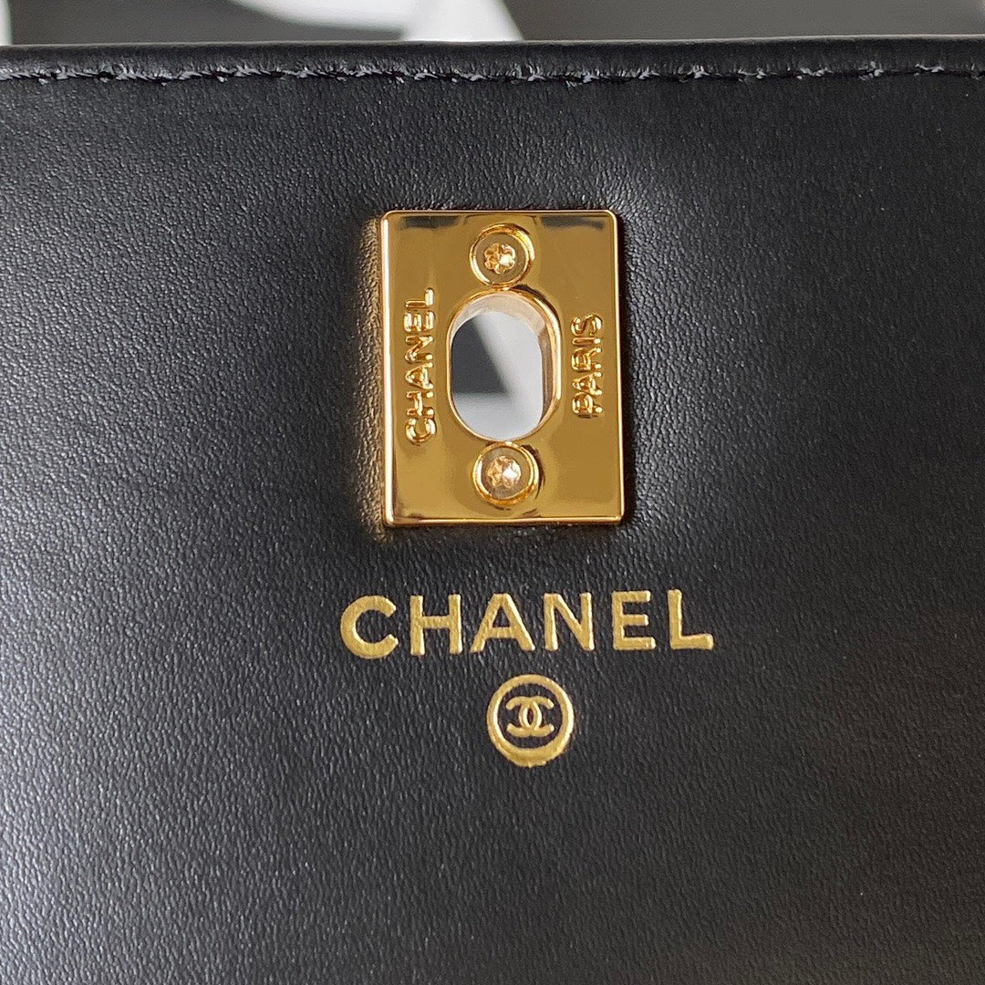 Chanel Handle Bag Lumpy Skin Handbags Black With Lock Gold 19cm