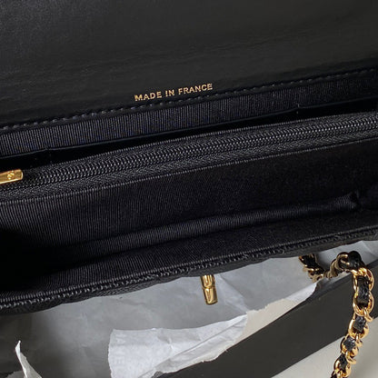 Chanel Handle Bag Lumpy Skin Handbags Black With Lock Gold 19cm