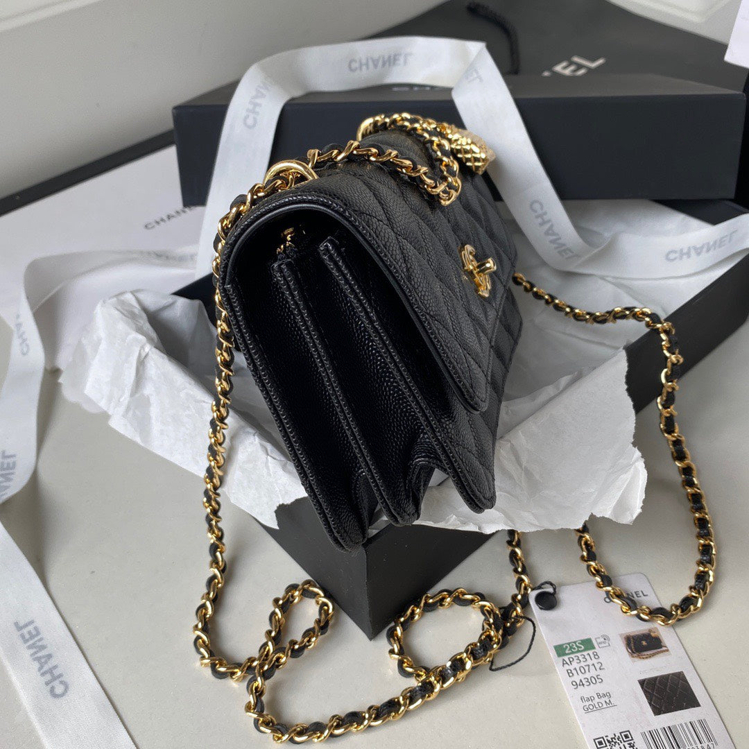 Chanel Woc Charm Replica 11 Handbag Lizard Skin Black With Gold Lock 20cm