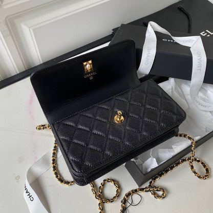Chanel Handle Bag Lumpy Skin Handbags Black With Lock Gold 19cm