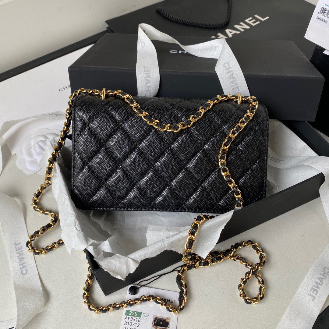 Chanel Handle Bag Lumpy Skin Handbags Black With Lock Gold 19cm
