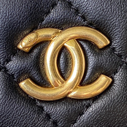 Chanel Woc Pearl Handle Plated Handbags Black Leather With Lock Gold 11.5×14.5×5.5cm