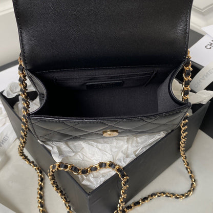 Chanel Woc Pearl Handle Plated Handbags Black Leather With Lock Gold 11.5×14.5×5.5cm
