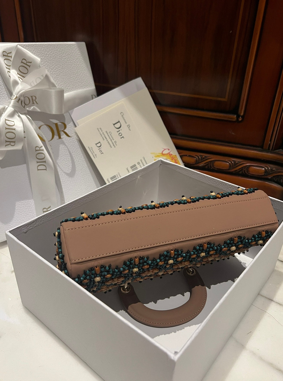 Dior D-Joy Medium Handbag With Beaded Pattern 26cm