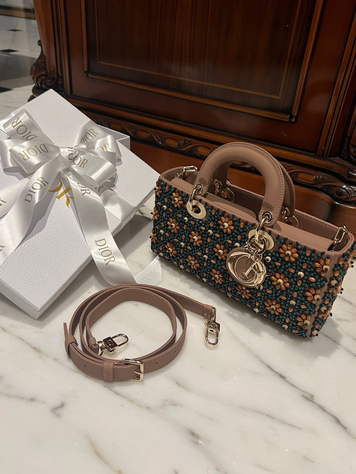 Dior D-Joy Medium Handbag With Beaded Pattern 26cm