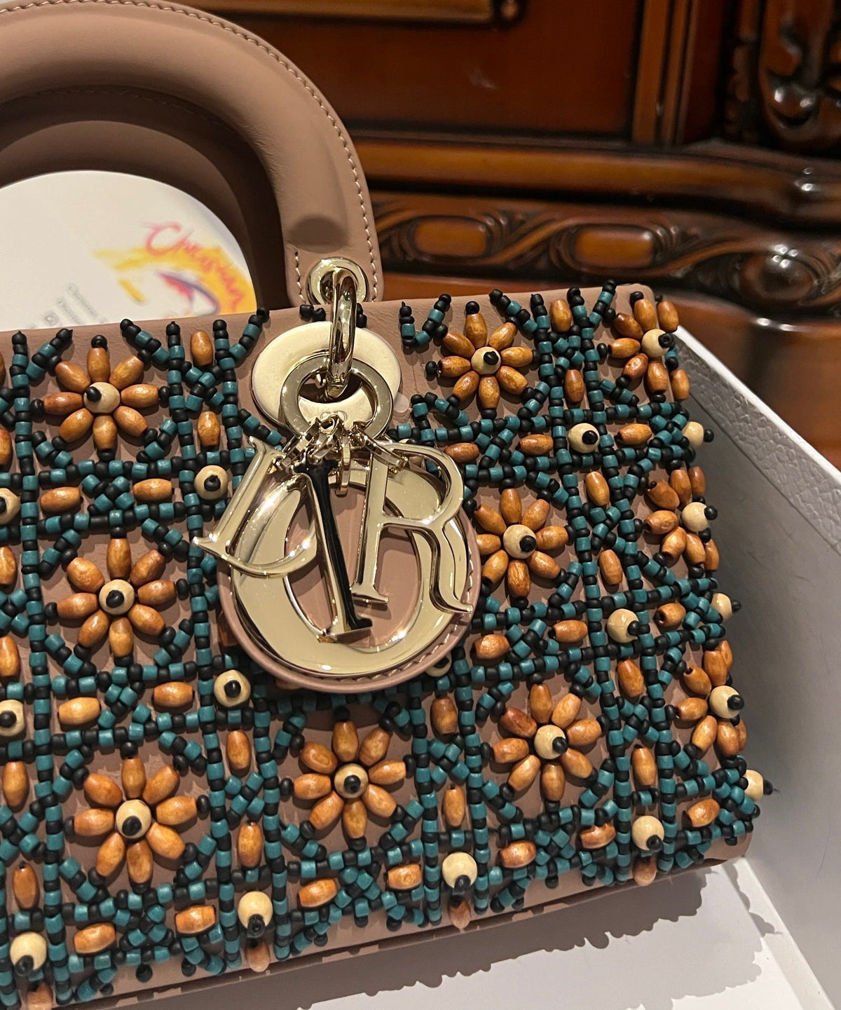 Dior D-Joy Medium Handbag With Beaded Pattern 26cm