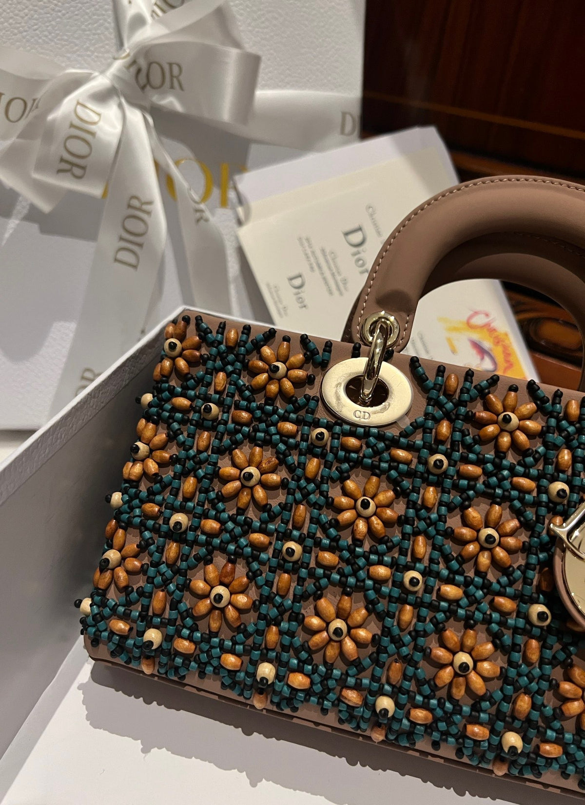 Dior D-Joy Medium Handbag With Beaded Pattern 26cm