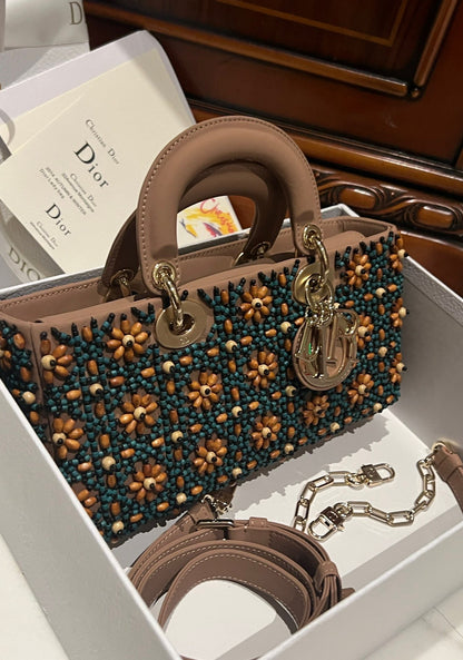 Dior D-Joy Medium Handbag With Beaded Pattern 26cm