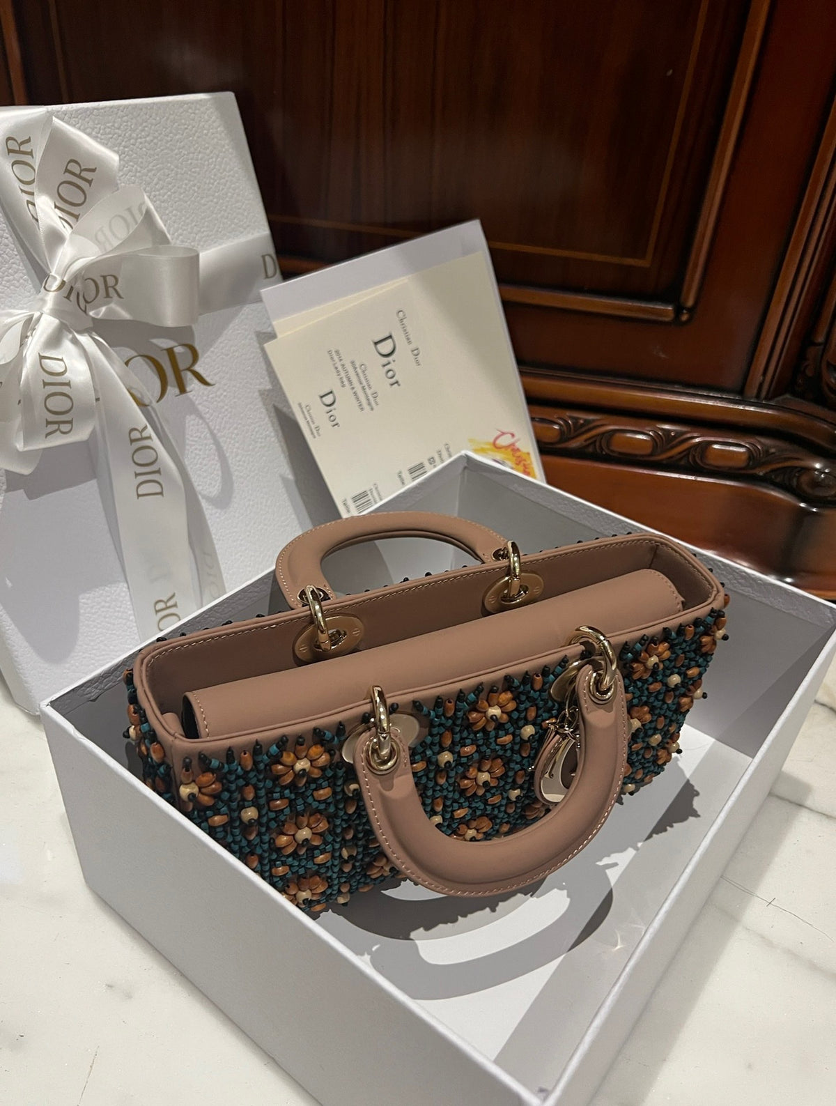 Dior D-Joy Medium Handbag With Beaded Pattern 26cm