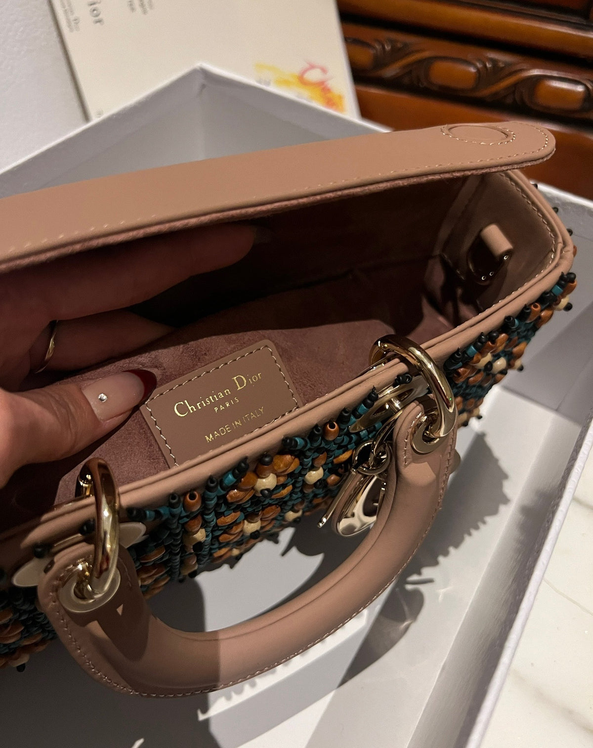 Dior D-Joy Medium Handbag With Beaded Pattern 26cm