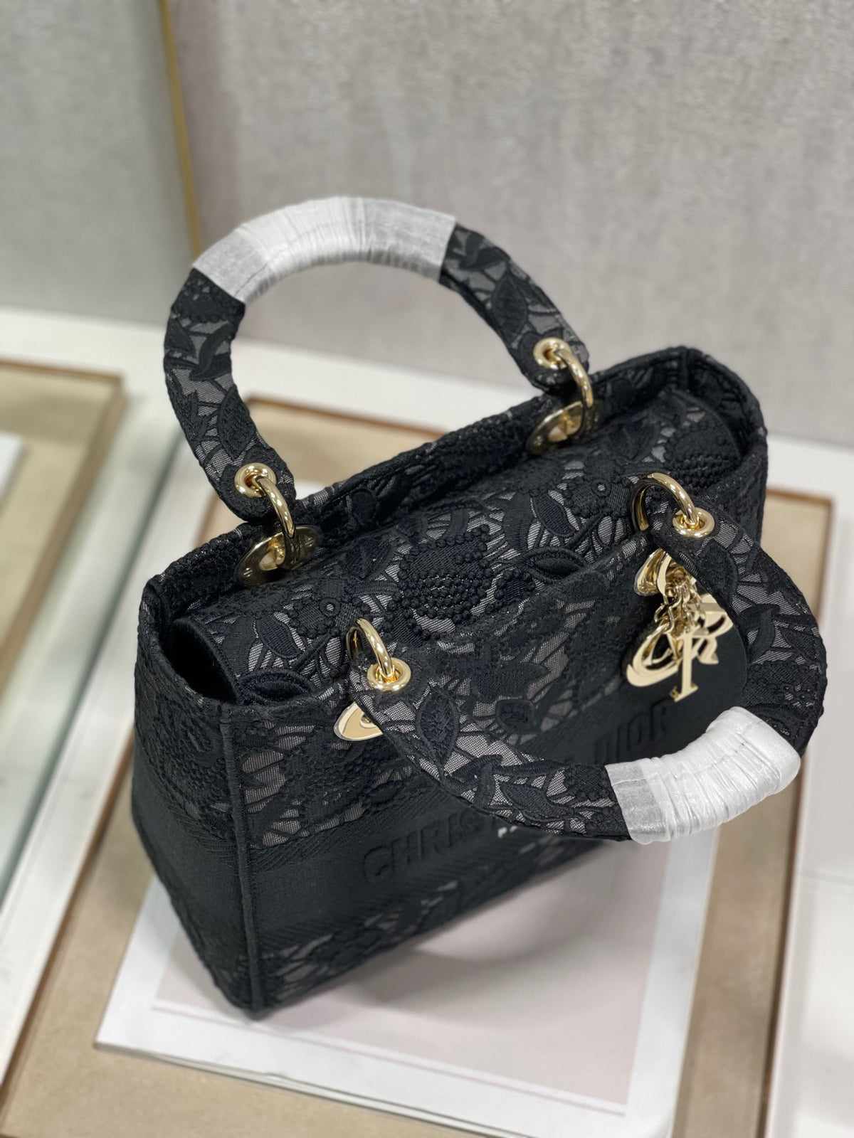 Christian Dior Medium Lady D-Lite bag in black lace embroidery