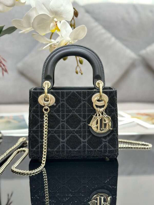 Dior Lady Super Black Beaded Handbag 17x15x7cm
