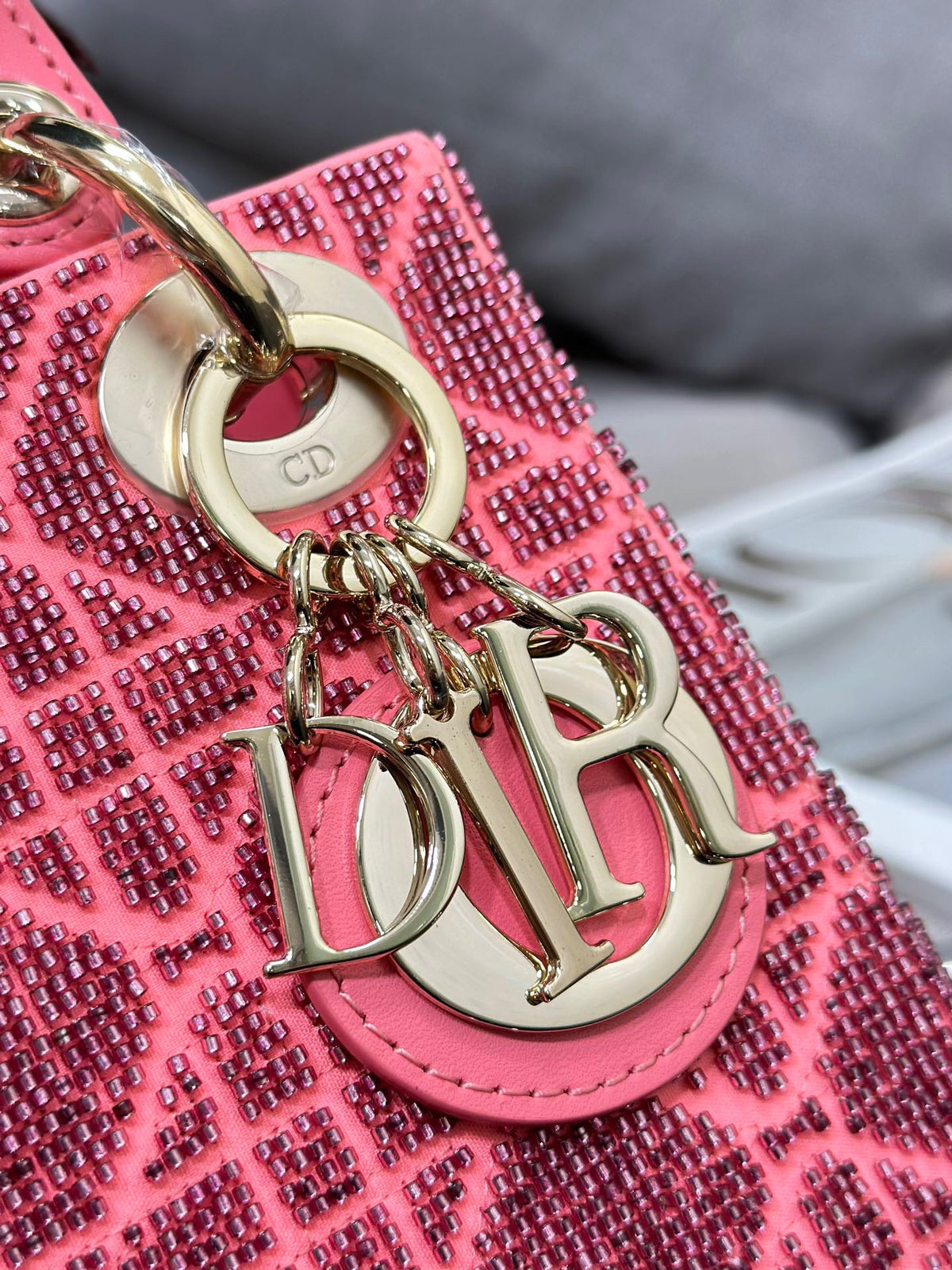 Dior Lady Super Pink Handbag with Beads 17x15x7cm