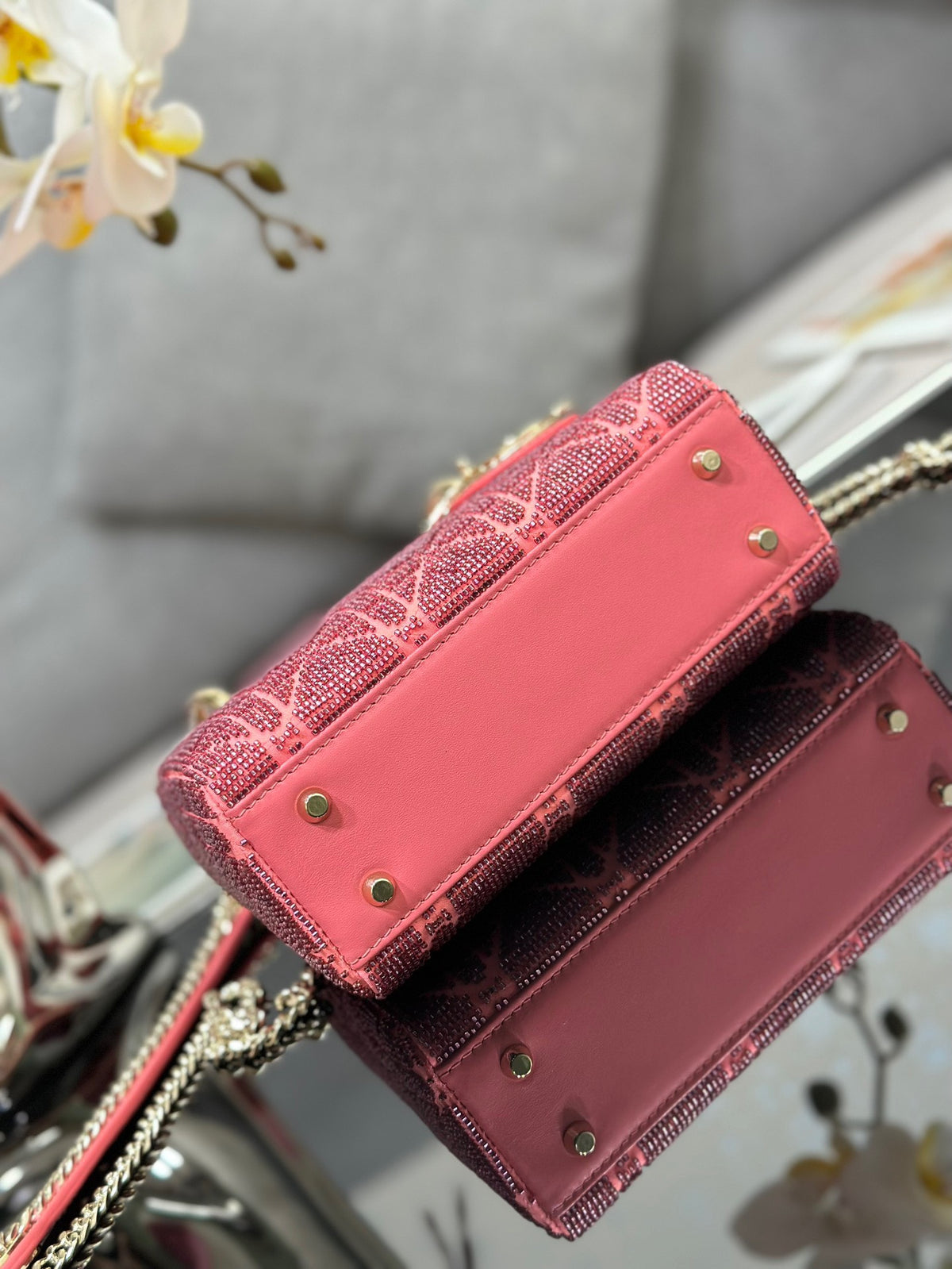 Dior Lady Super Pink Handbag with Beads 17x15x7cm