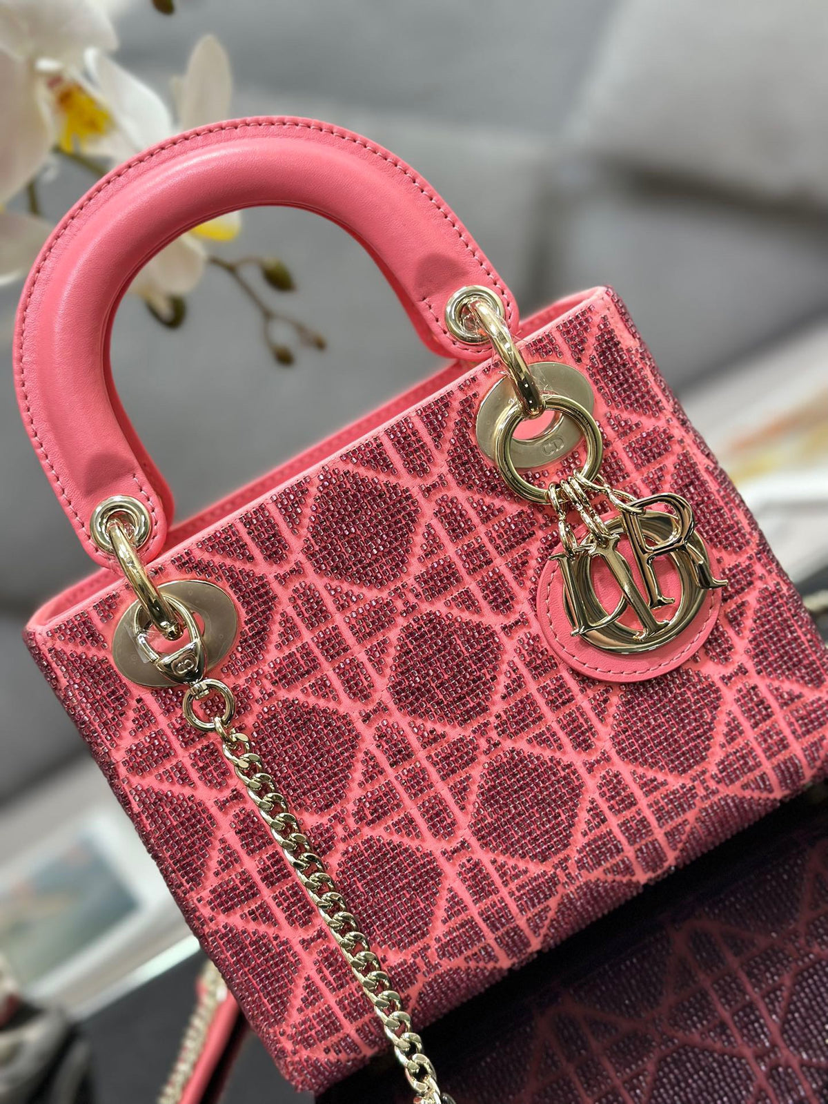 Dior Lady Super Pink Handbag with Beads 17x15x7cm