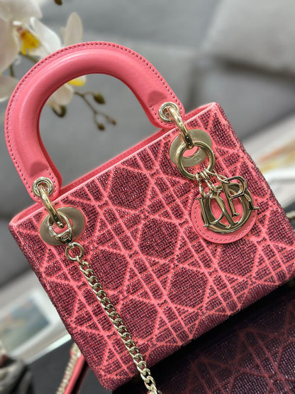Dior Lady Super Pink Handbag with Beads 17x15x7cm