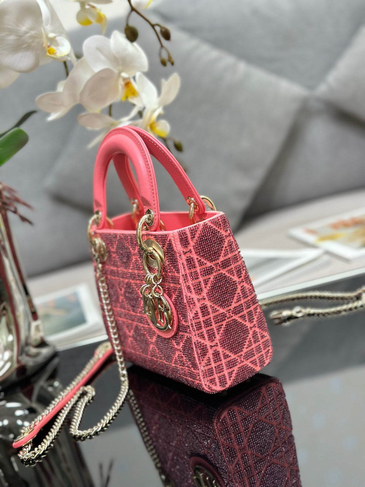 Dior Lady Super Pink Handbag with Beads 17x15x7cm