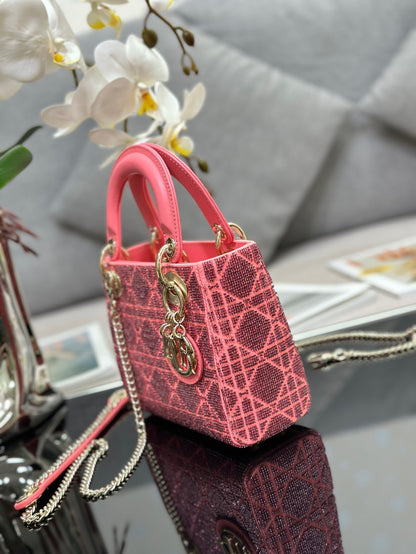 Dior Lady Super Pink Handbag with Beads 17x15x7cm