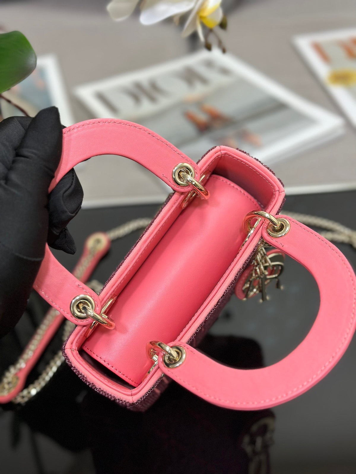 Dior Lady Super Pink Handbag with Beads 17x15x7cm