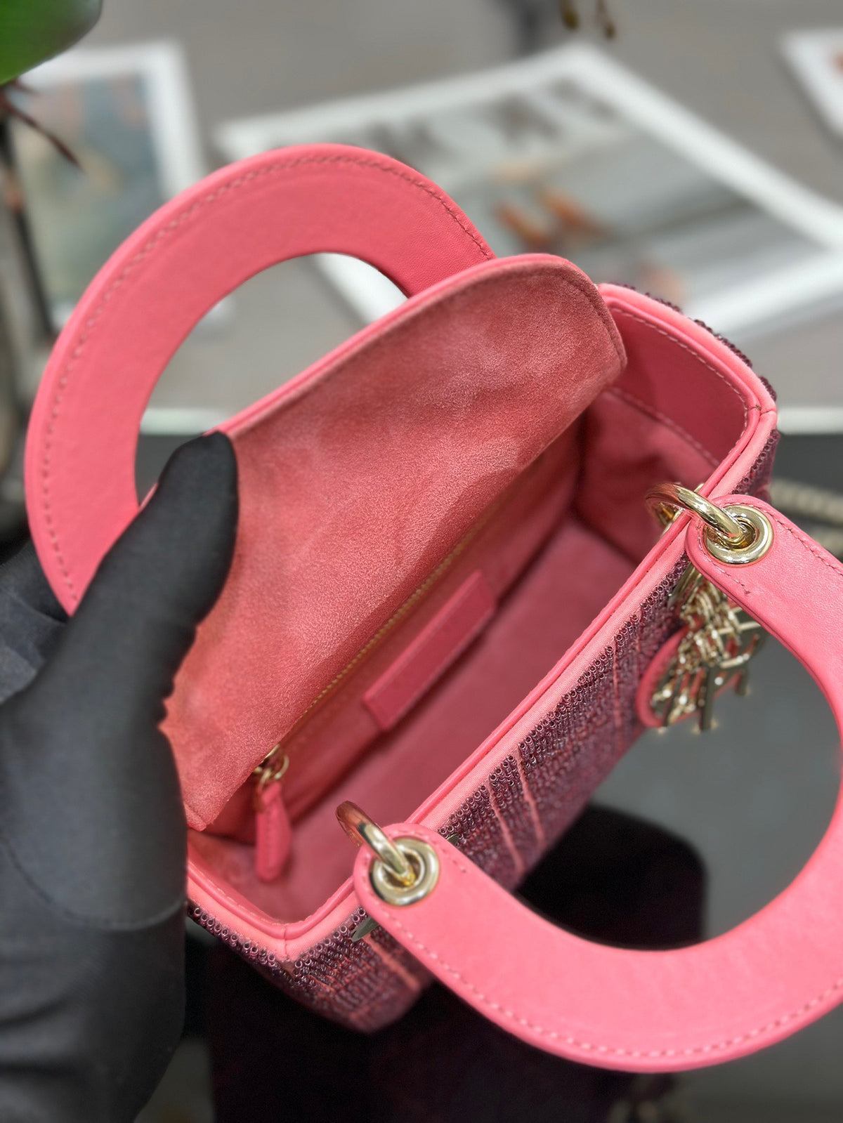 Dior Lady Super Pink Handbag with Beads 17x15x7cm