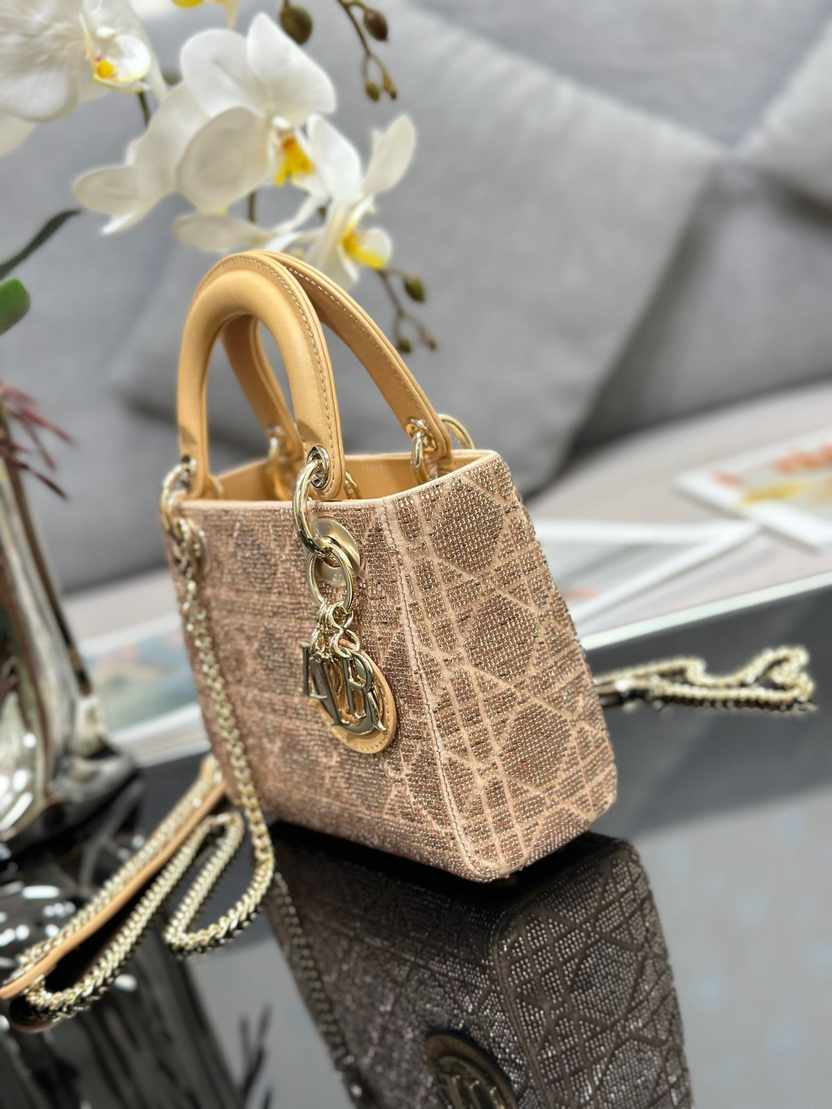 Dior Lady Super Yellow Beaded Handbag 17x15x7cm