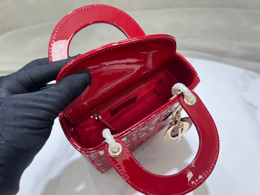 Dior Lady Mini Super Quality Women’s Handbag, Glossy Red, 17cm
