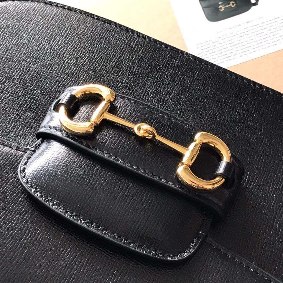 Gucci 1955 Horsebit Like Auth Handbag Black Smooth Leather 25cm