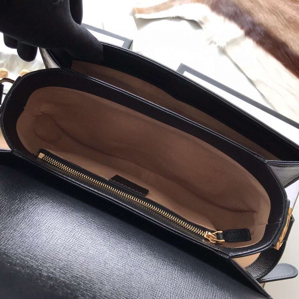 Gucci 1955 Horsebit Like Auth Handbag Black Smooth Leather 25cm