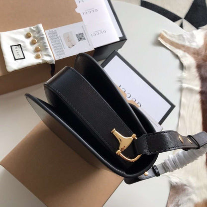Gucci 1955 Horsebit Like Auth Handbag Black Smooth Leather 25cm