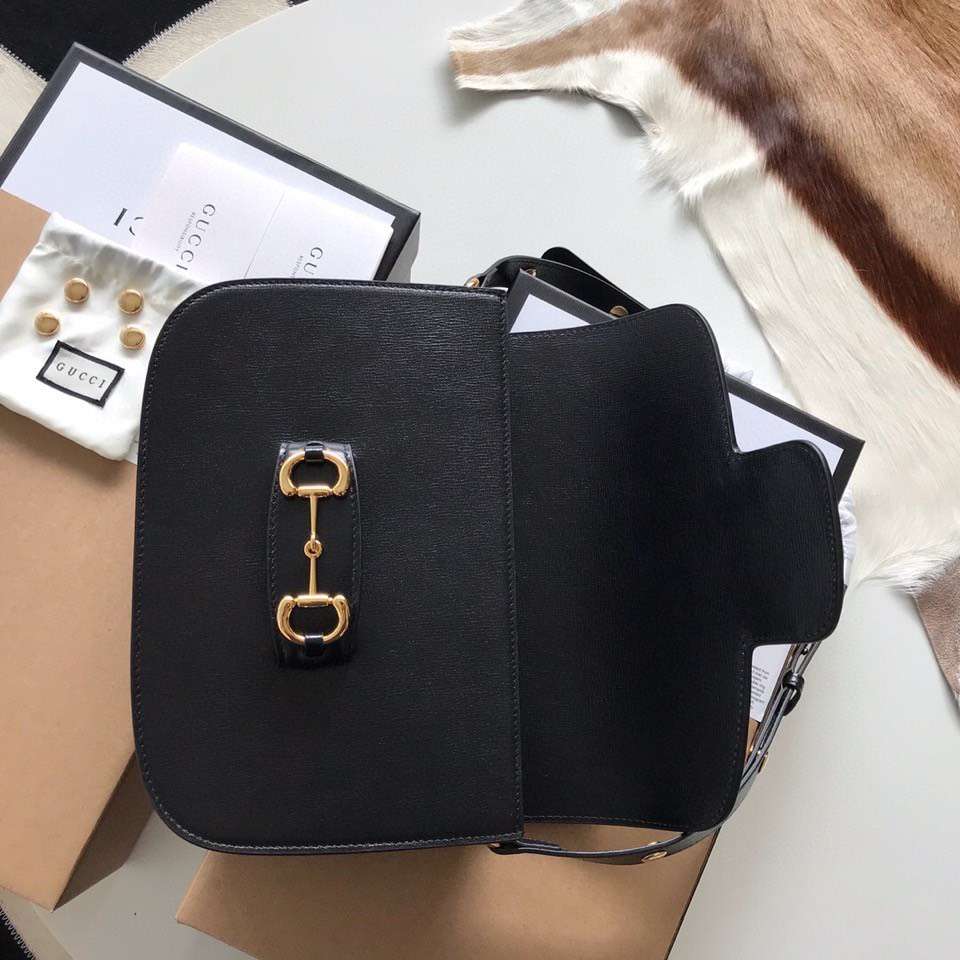 Gucci 1955 Horsebit Like Auth Handbag Black Smooth Leather 25cm