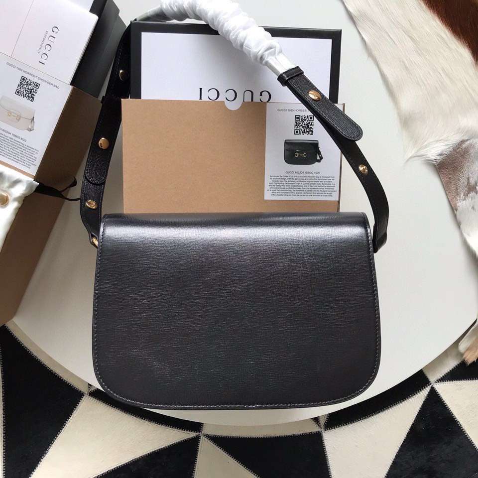 Gucci 1955 Horsebit Like Auth Handbag Black Smooth Leather 25cm