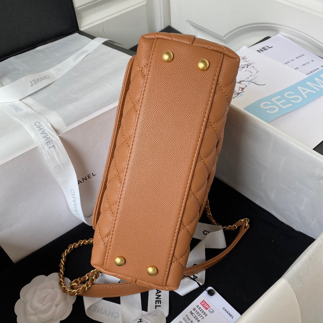 Chanel Coco Brown Leather With Lock Gold Handbags 24cm