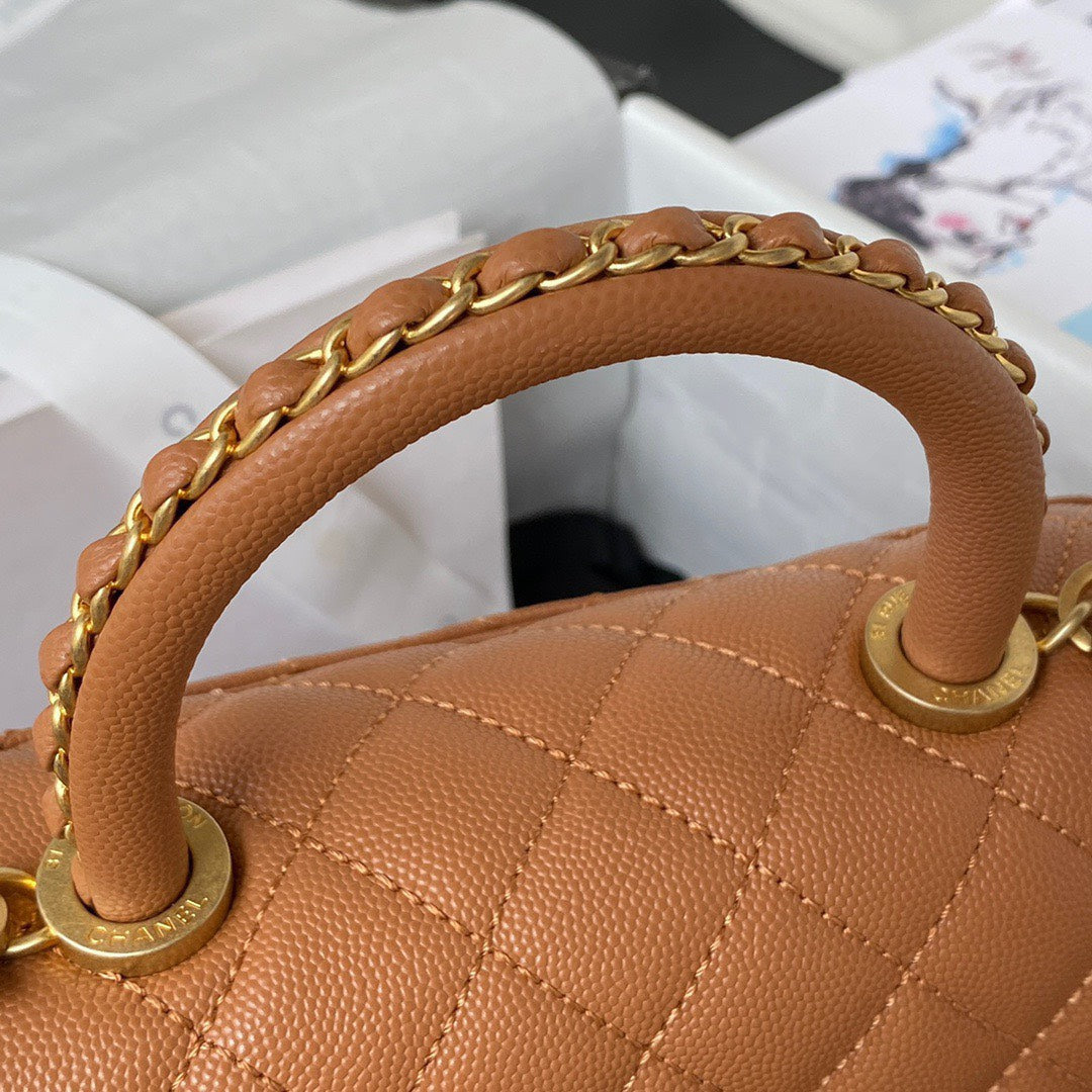 Chanel Coco Brown Leather With Lock Gold Handbags 24cm