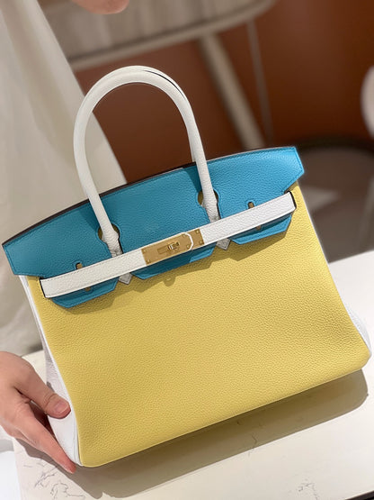HN Lime, Bleu de Galice and Gris Perle Chèvre Tri-Color HSS 25 Brushed Gold Hardware