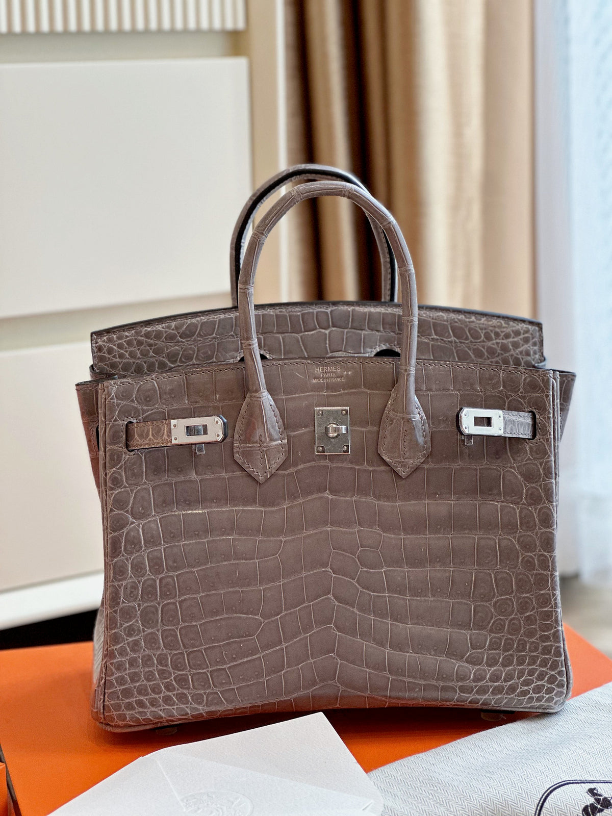 HN Etoupe 25 Porosus Genuine Crocodile Leather Palladium Hardware