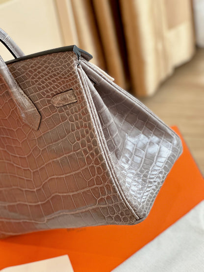 HN Etoupe 25 Porosus Genuine Crocodile Leather Palladium Hardware