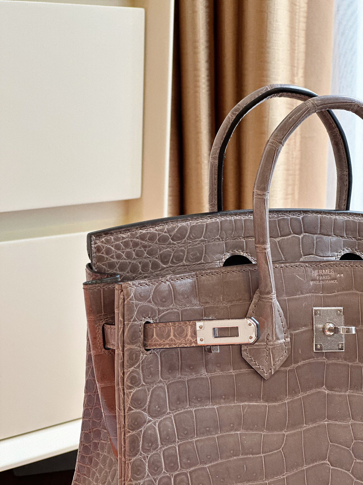 HN Etoupe 25 Porosus Genuine Crocodile Leather Palladium Hardware