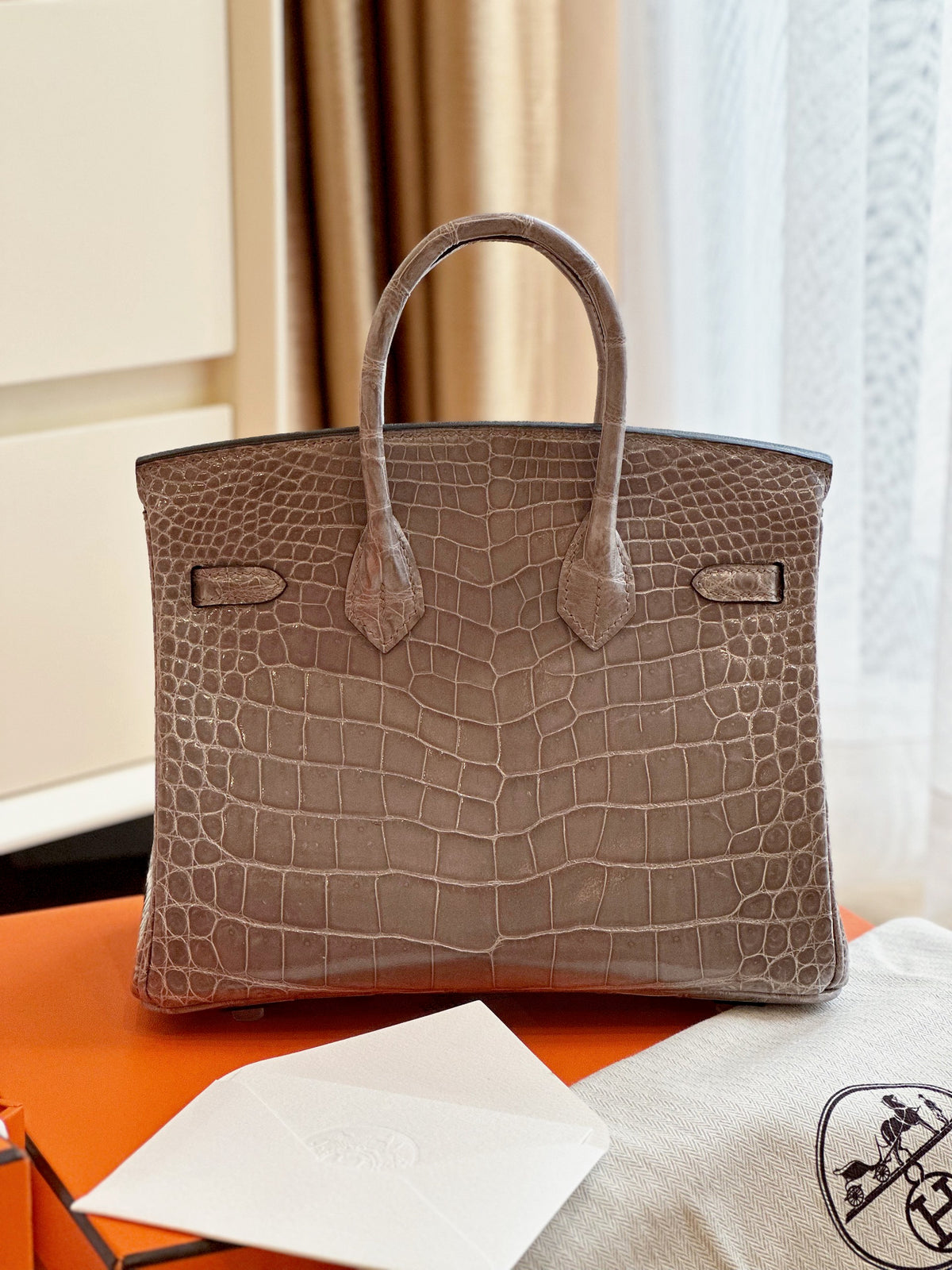 HN Etoupe 25 Porosus Genuine Crocodile Leather Palladium Hardware