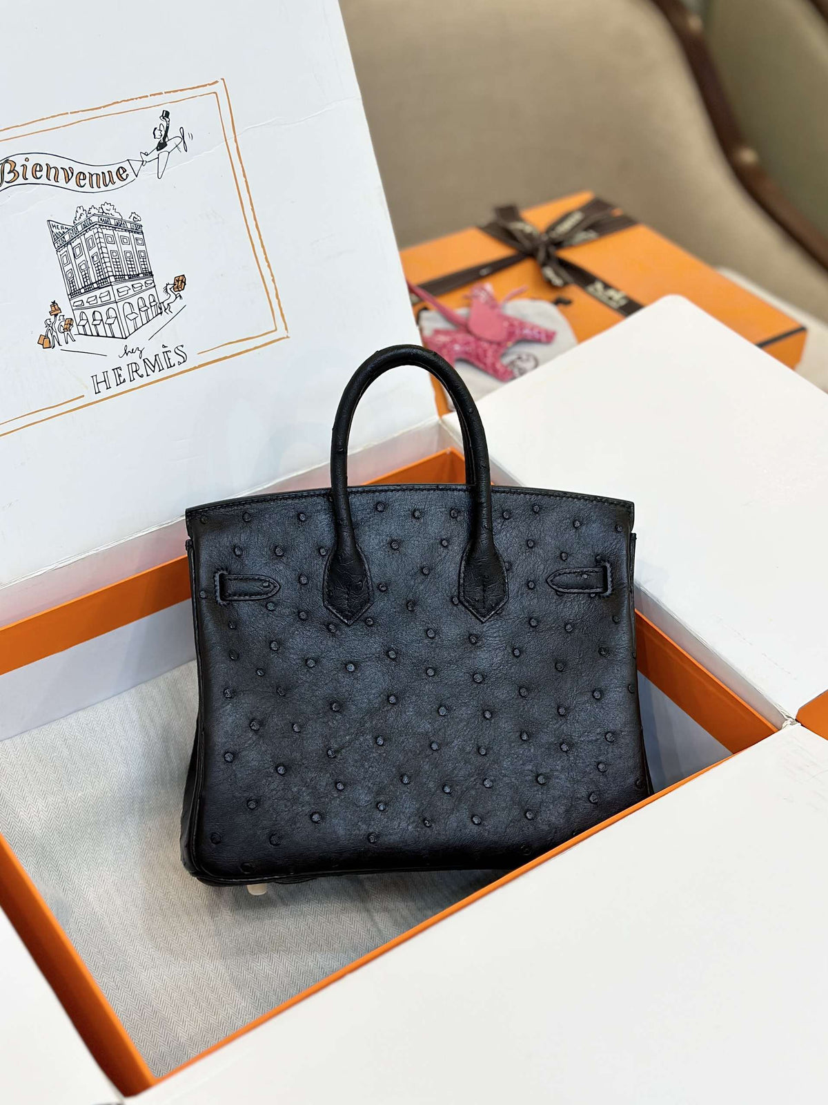 HN 25 Black Ostrich Leather Gold Hardware