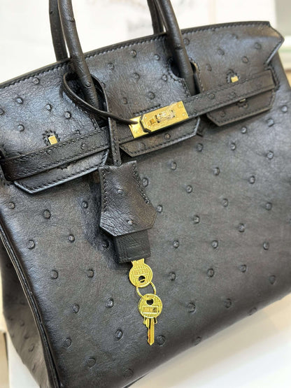 HN 25 Black Ostrich Leather Gold Hardware